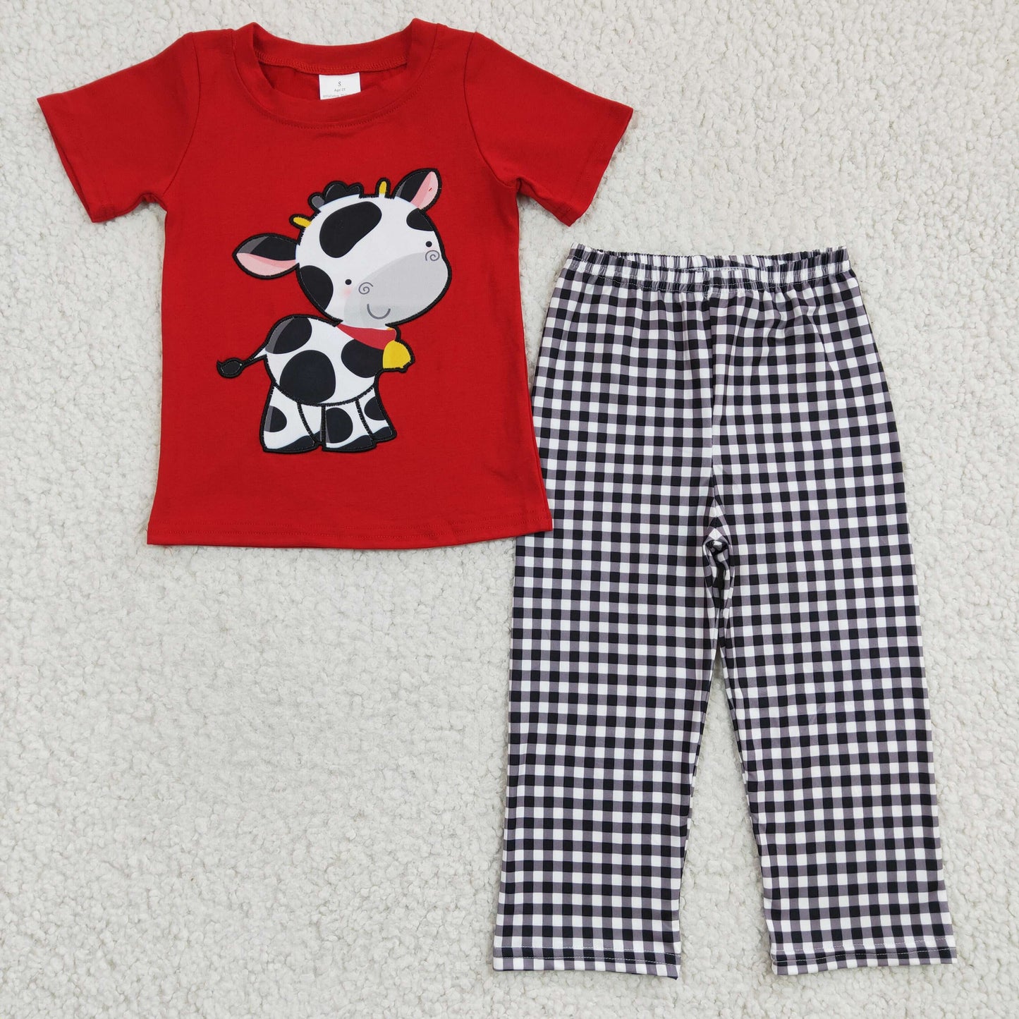 BSPO0057 embroidery cow plaid short sleeve boy pajamas outfit 20230107 RTS sibling