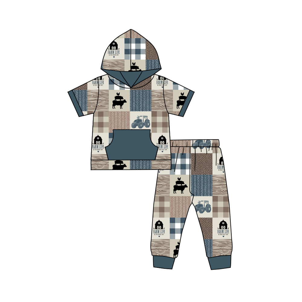 BSPO0070 western horse tractor plaid short sleeves hoodie boy outfit preorder 1202