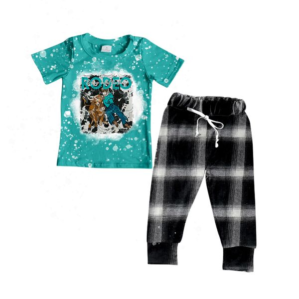 CUSTOM : MOQ：5  western howdy cow short sleeve plaid jogger boy outfit BSPO0072