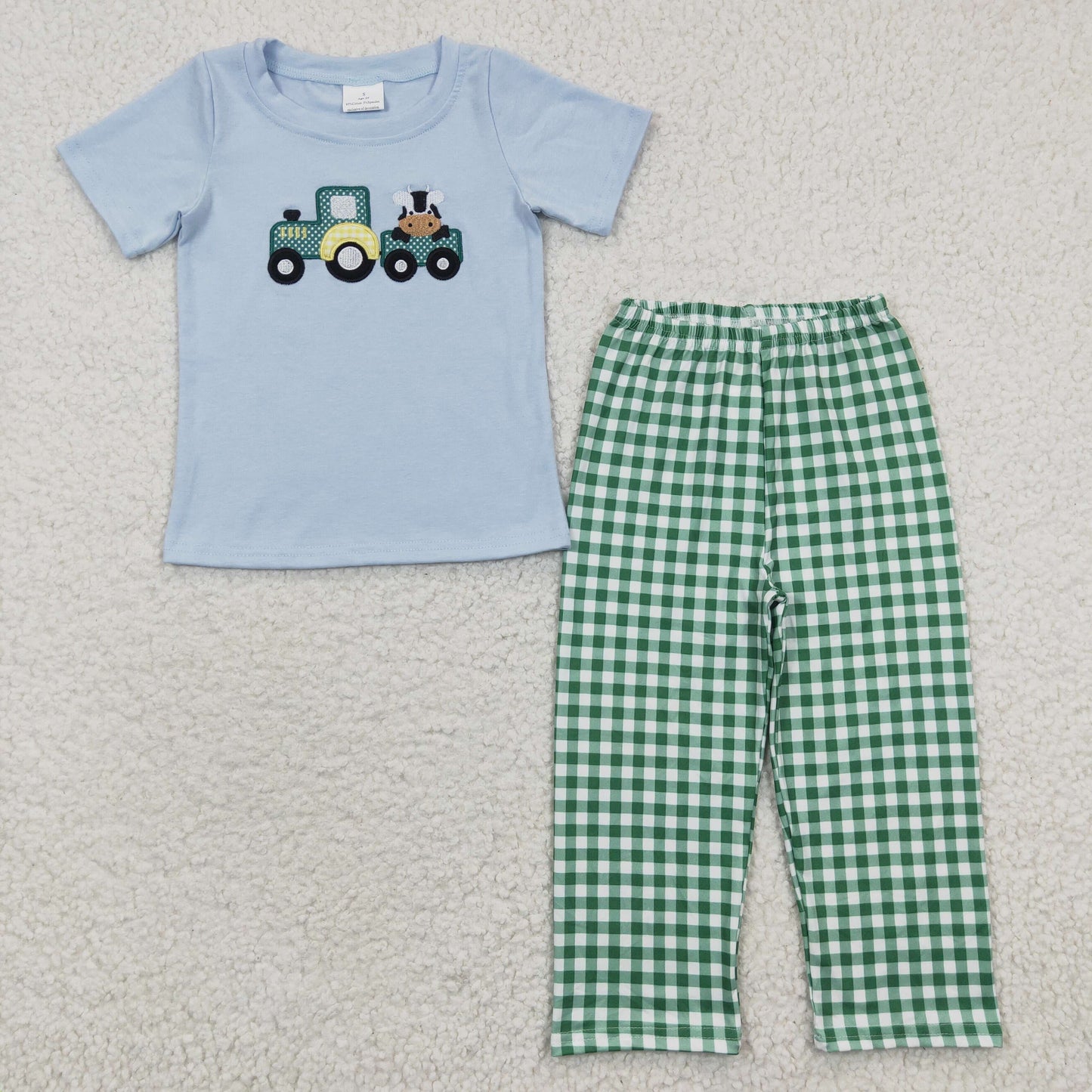 BSPO0089 embroidery plaid cow tractor short sleeve bell bottom boy outfits 20230323 RTS