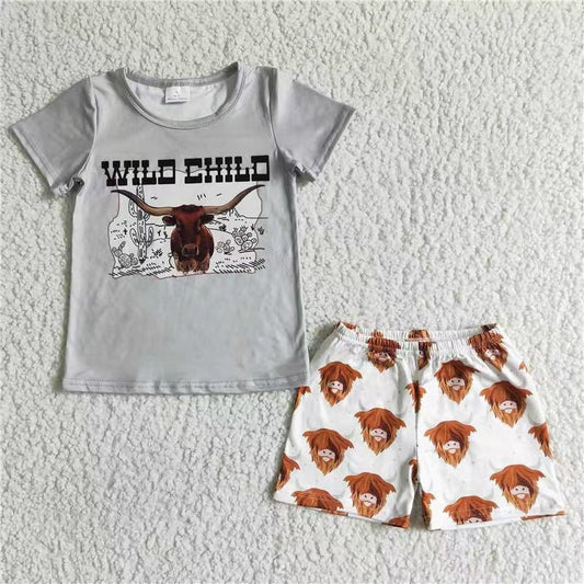 promotion BSSO0004 wild child letters cow gray short sleeve shorts boy outfits RTS 202404