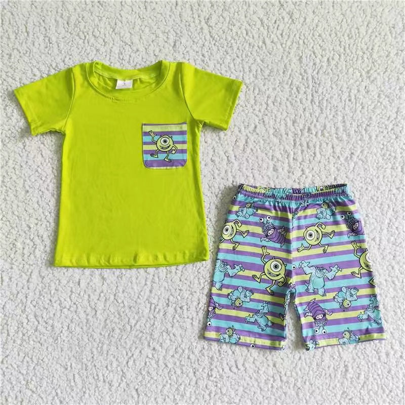 promotion BSSO0044 yellow lime big single eye print short sleeve top stripe shorts boy outfits 1221 RTS