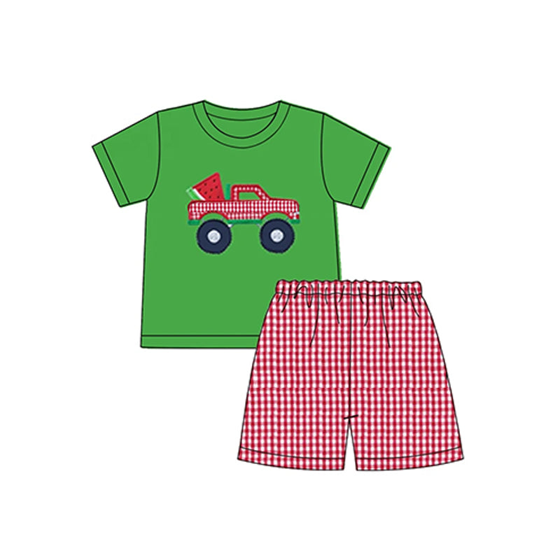 preorder green car watermelon embroidery short sleeve pink plaid shorts summer boy outfit 0430