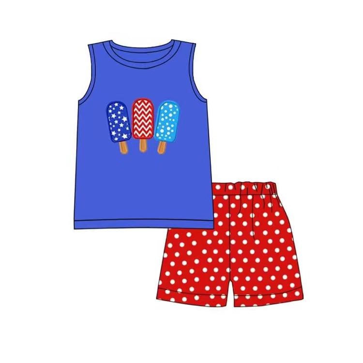 preorder blue ice popsicle embroidery short sleeve red dots shorts boy outfit 0430