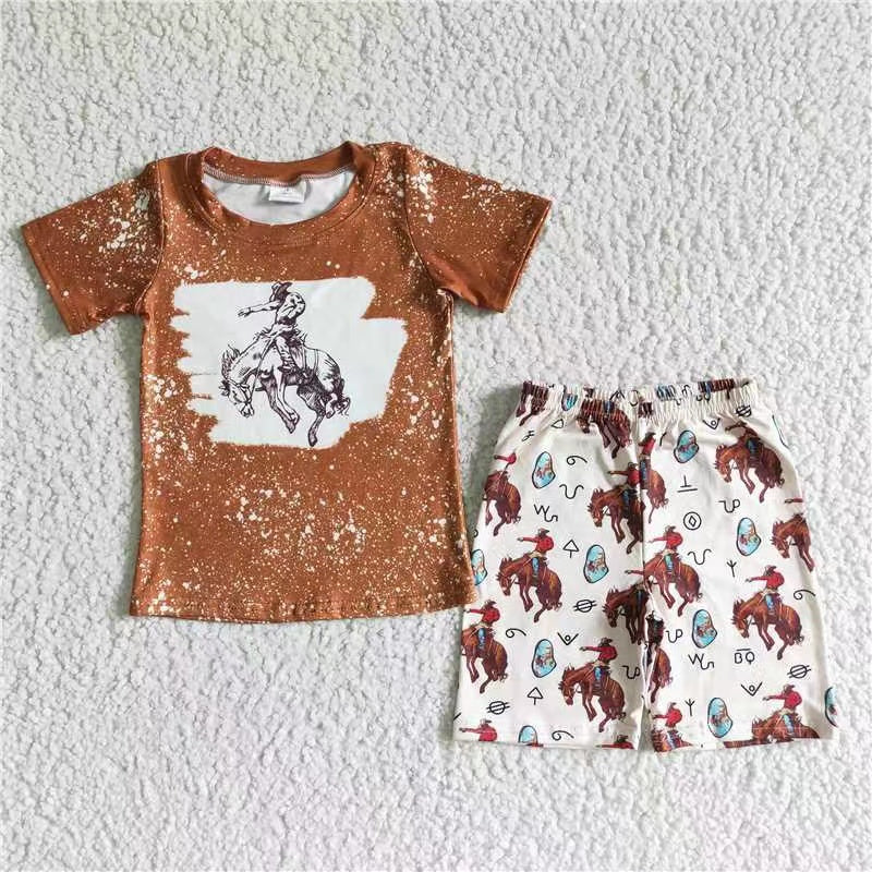 BSSO0076 brown horse Western hunting short sleeve shorts boy outfits RTS 1124