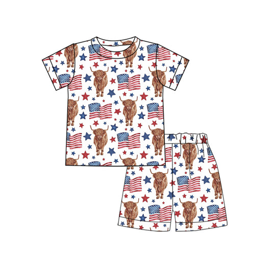 preorder 4th July western designs cow print red blue flag top boy pajamas outfit 0507