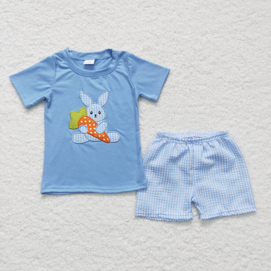 promotion BSSO0087 Easter EMBROIDERY Rabbit carrots short sleeve plaid shorts boy outfit 20230304 RTA