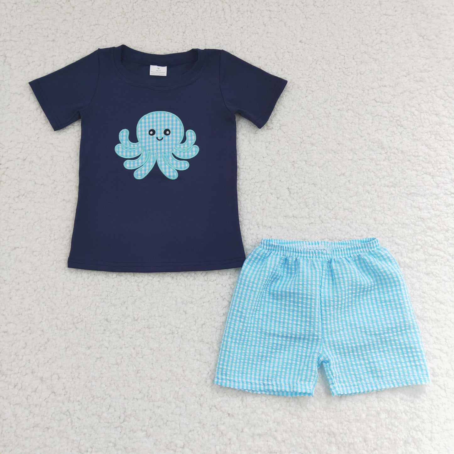 BSSO0088 embroidery octopus short sleeve plaid shorts boy outfit preorder 1126