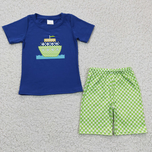 BSSO0097 Boat SHIP blue boy short sleeve embroidery shorts outfits 1227 RTS