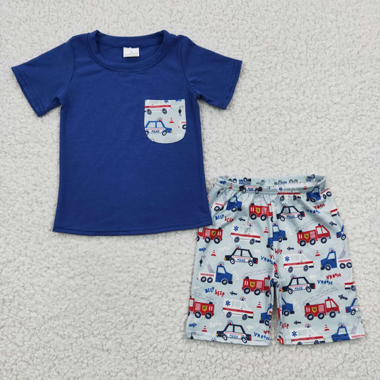 BSSO0121 short sleeve police car bus hoist car summer shorts boy outfit 20230210  RTS