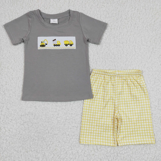 BSSO0124 Embroidery tractor digger short sleeve shorts boy summer outfit 20230215 RTS