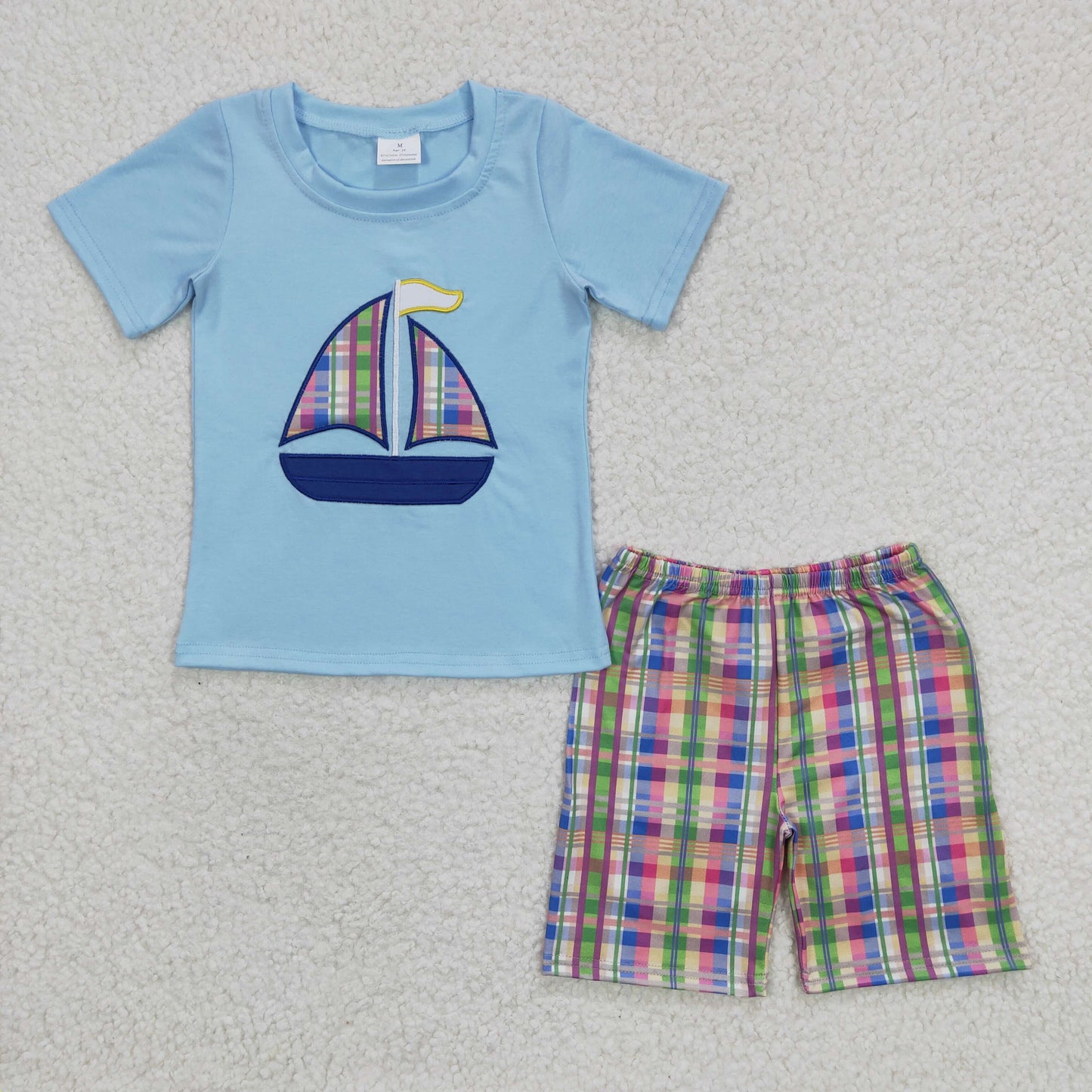 BSSO0127 RTS embroidery sailboat short sleeve shorts boy summer outfit 20230227