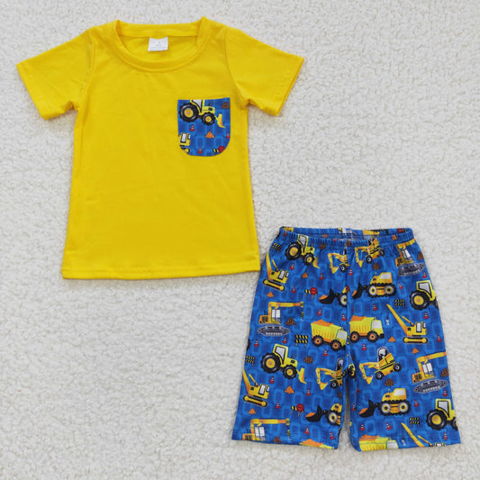 promotion RTS BSSO0183 Yellow Construction   short sleeve shorts summer boy digger outfit 20230311