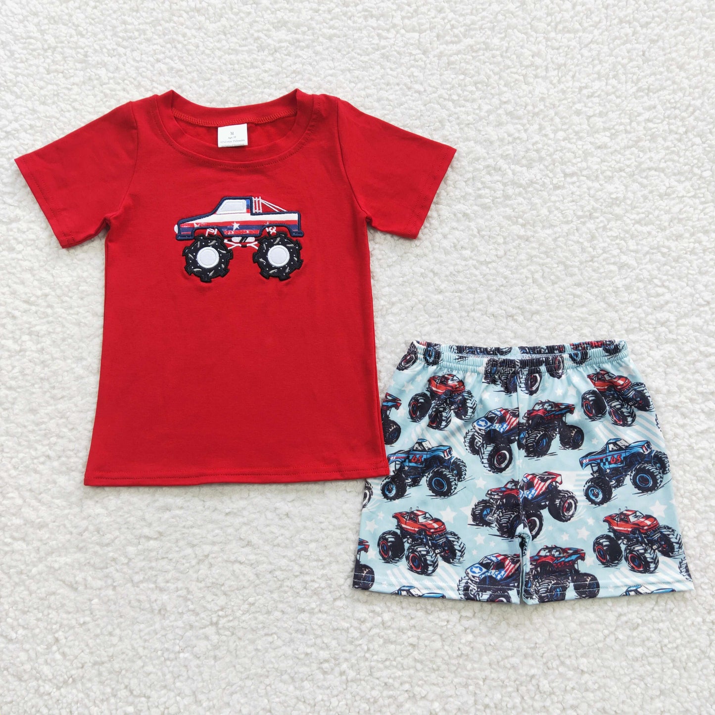 BSSO0185 Embroidery  cotton dirty bike red short sleeve shorts boy summer outfit 20230421 RTS