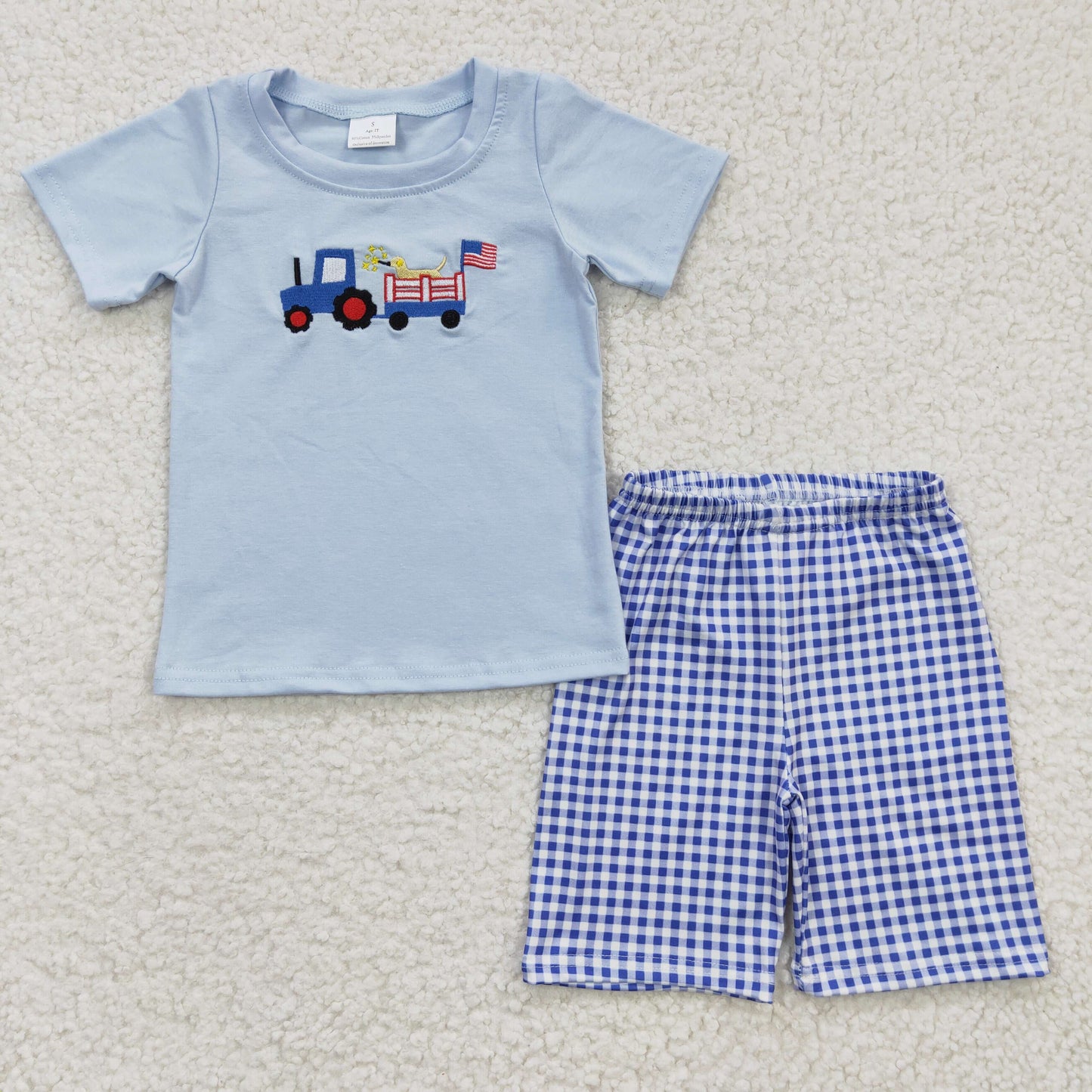 BSSO0195 4th July embroidery tractor farm American national day 4th july short sleeve shorts boy summer outfit 20230306 RTS