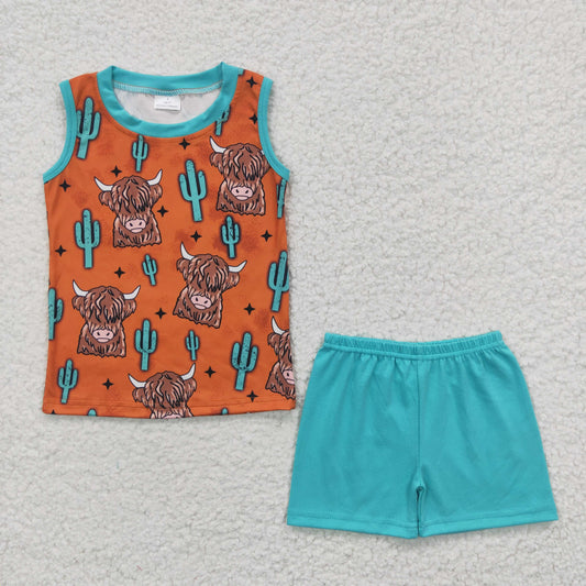 BSSO0211 western cow tank short sleeve shorts boy summer outfit 20230324 RTS