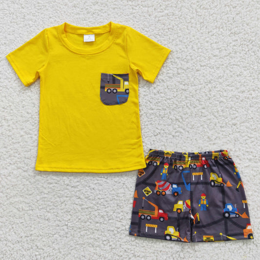 BSSO0231 cartoon digger transporter short sleeve shorts boy summer outfit 20230410 RTS