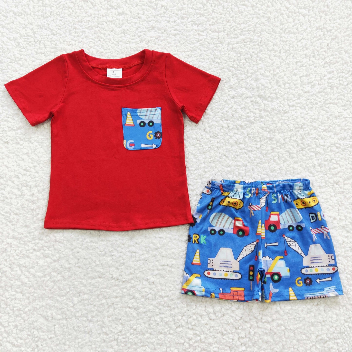 BSSO0233 cartoon digger transporter short sleeve shorts boy summer outfit 20230408