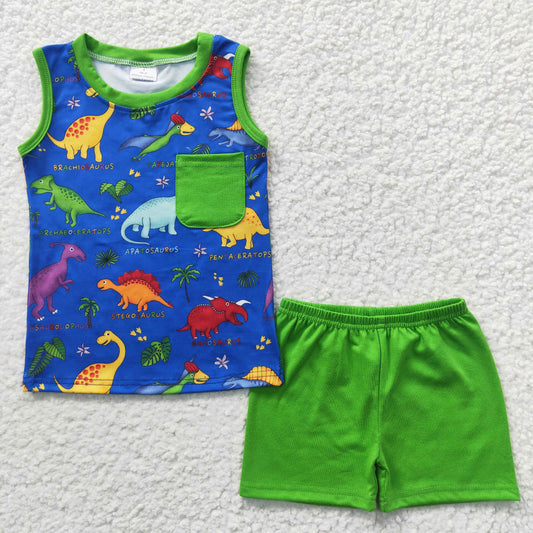 BSSO0234  dinosaur green blue short sleeve shorts boy summer outfit 20230403 RTS