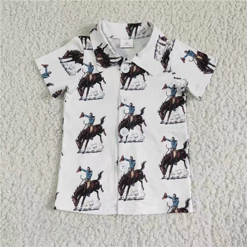 BT0011 RTS brown cowboy print white button boy short sleeve shirt top 20230228