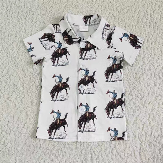 BT0011 RTS brown cowboy print white button boy short sleeve shirt top 20230228
