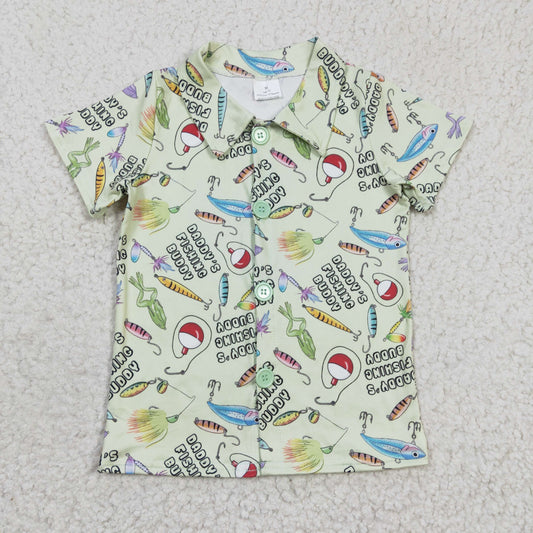 BT0125 GREEN fish sea boy short sleeve buttons shirt top RTS 1219