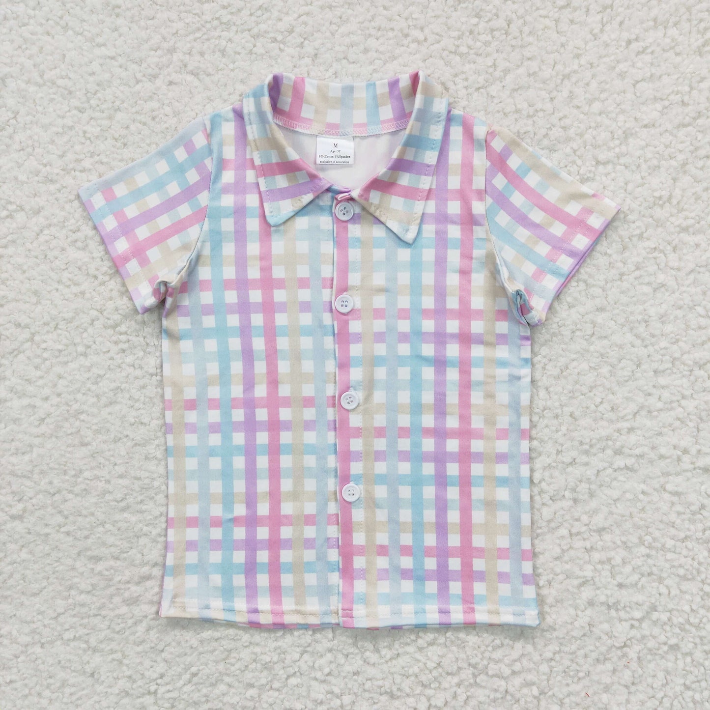 BT0215 RTS checked checked plaid pink purple boy short sleeve button top Boy shirts 20230325
