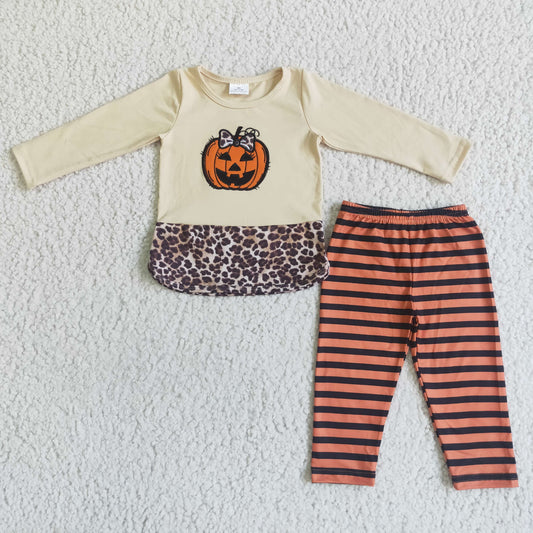 Yellow  leopard top pumpkin long sleeve  orange stripe pants girl outfit halloween 0709 RTS