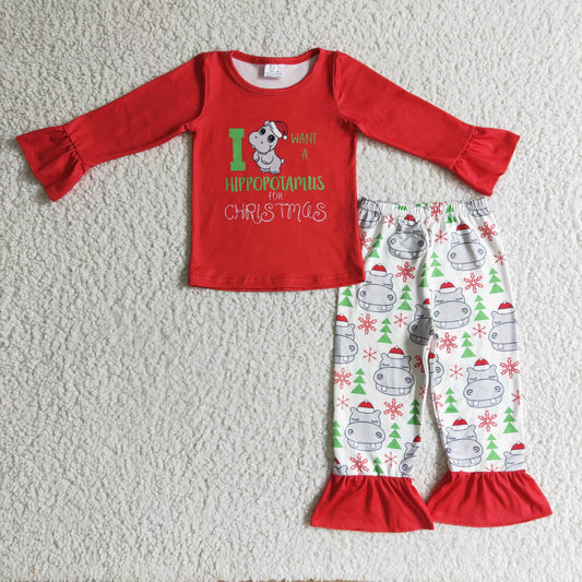 Christmas hippo long sleeve girl pajamas outfit 1014 RTS