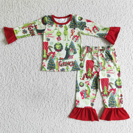 RTS 0725 merry Christmas green grin long sleeve girl pajamas outfit