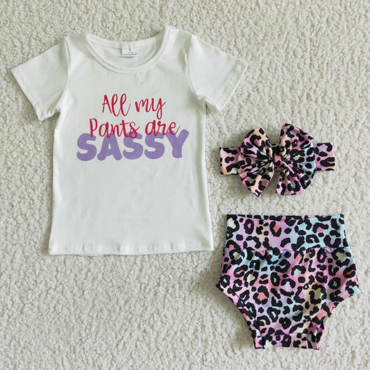 promotion GBO0021 RTS western sassy print white top short sleeve purple colorful leopard print bummies shorts 3pcs girl outfits 20230214