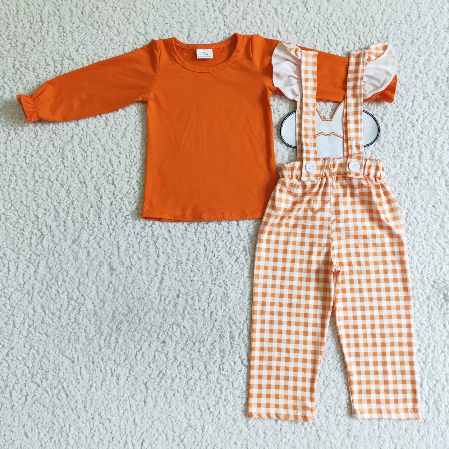 GLP0067 RTS orange mouse bat bow plaid overall jumpsuit suspender pants girl outfit 1009