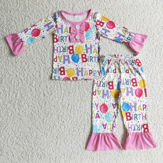 GLP0347 RTS happy birthday long sleeve girl pajamas outfit