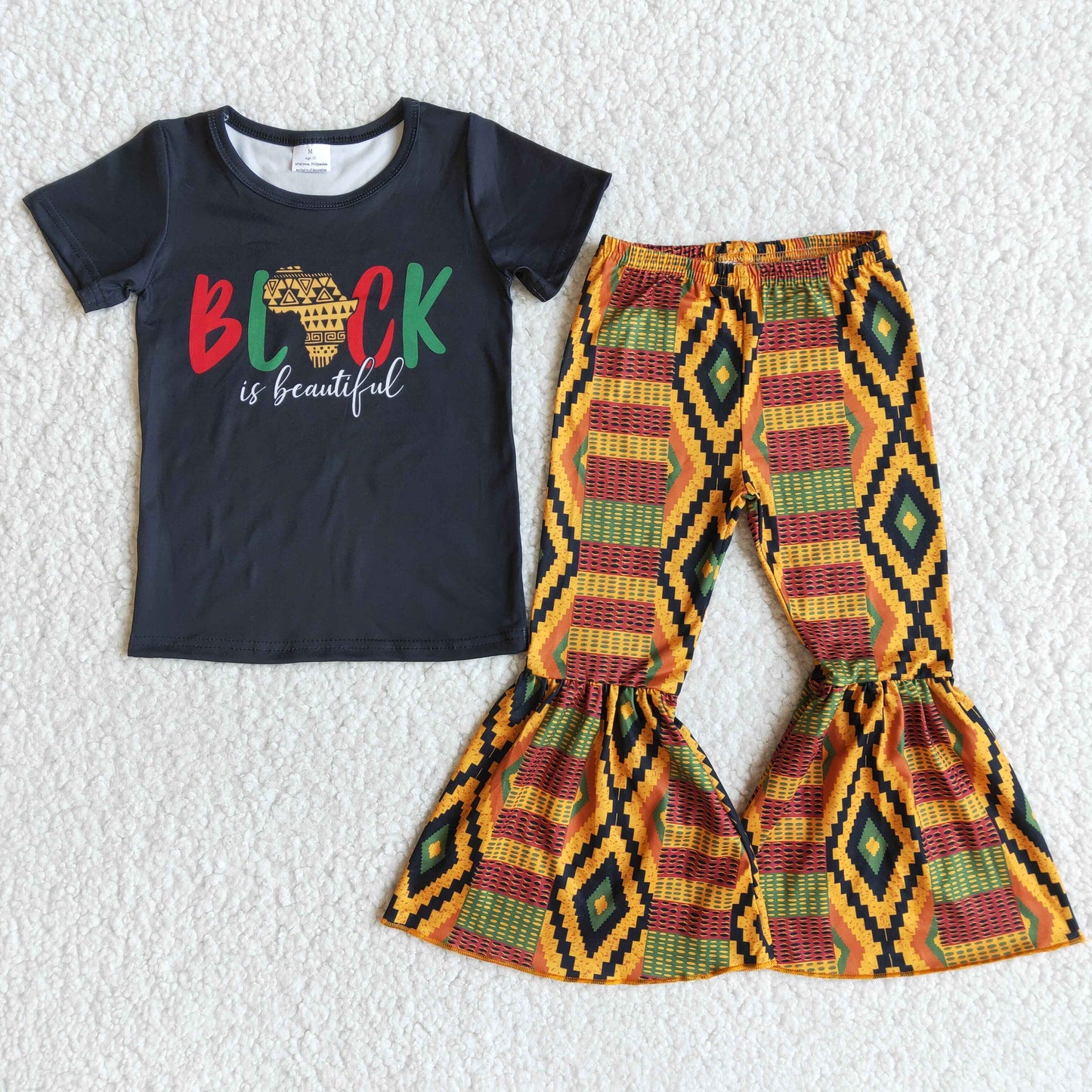 juneteenth Black History letters girl rhombus yellow orange short sleeve bell bottom outfit 0114JAN