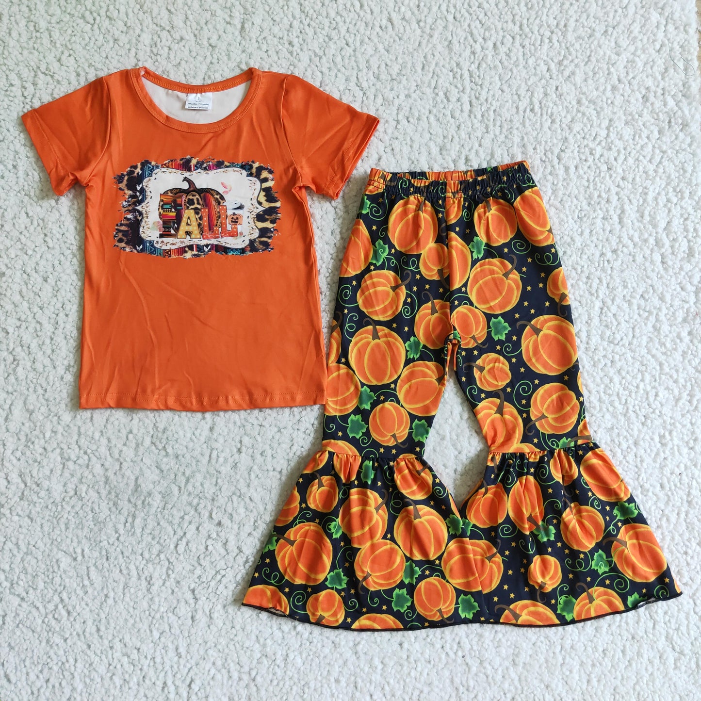 promotion B6-1 RTS FALL pumpkin orange short sleeve bell bottom pants outfits