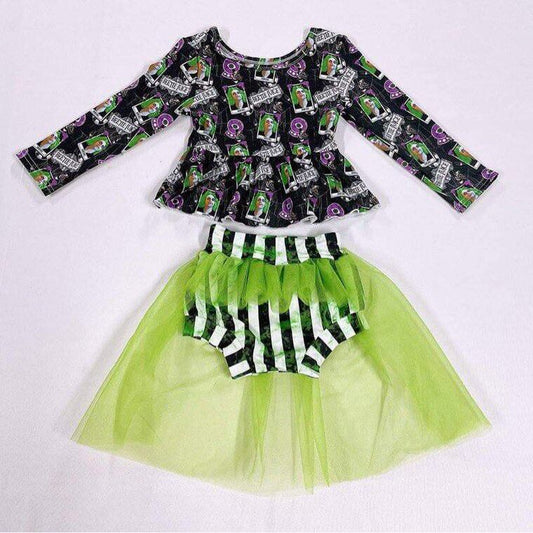 202410 Promotion 6 A8-27 halloween cartoon long sleeve green stripe tulle gauze bummies outfit