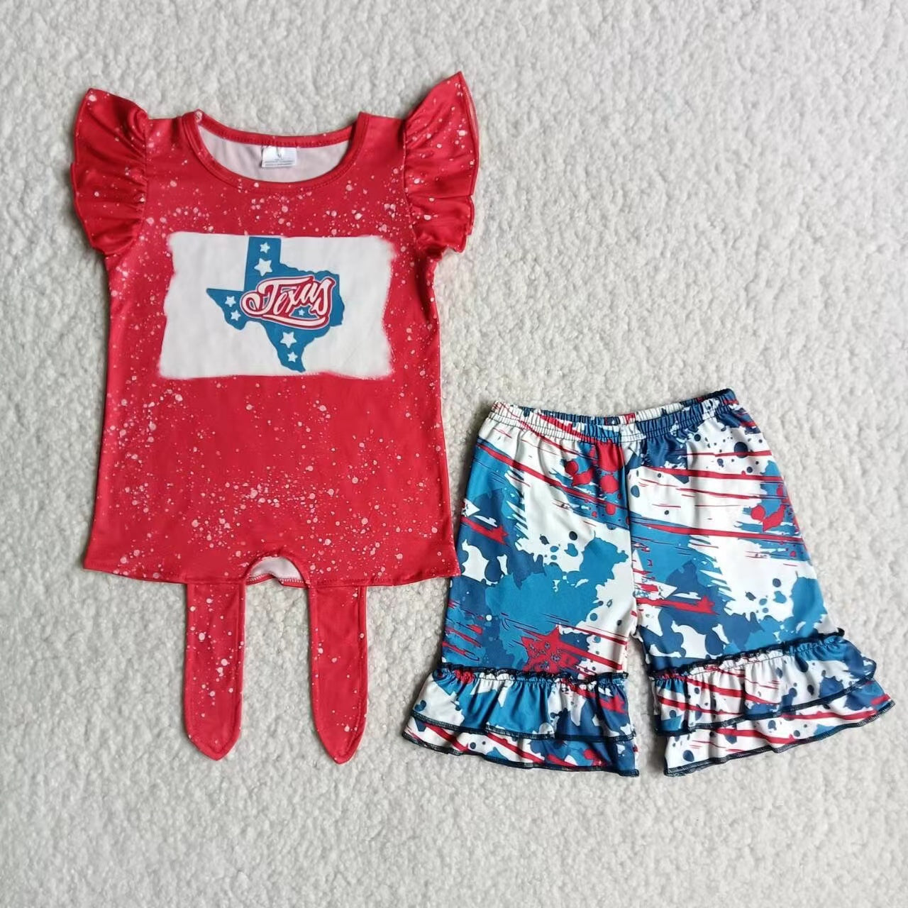 C0-1 4th of July red blue map short sleeve girl shorts outfit 20230224 RTS