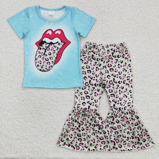 promotion RTS 20230227 blue mouth tongue leopard print short sleeve bell bottom pants outfit C0-243