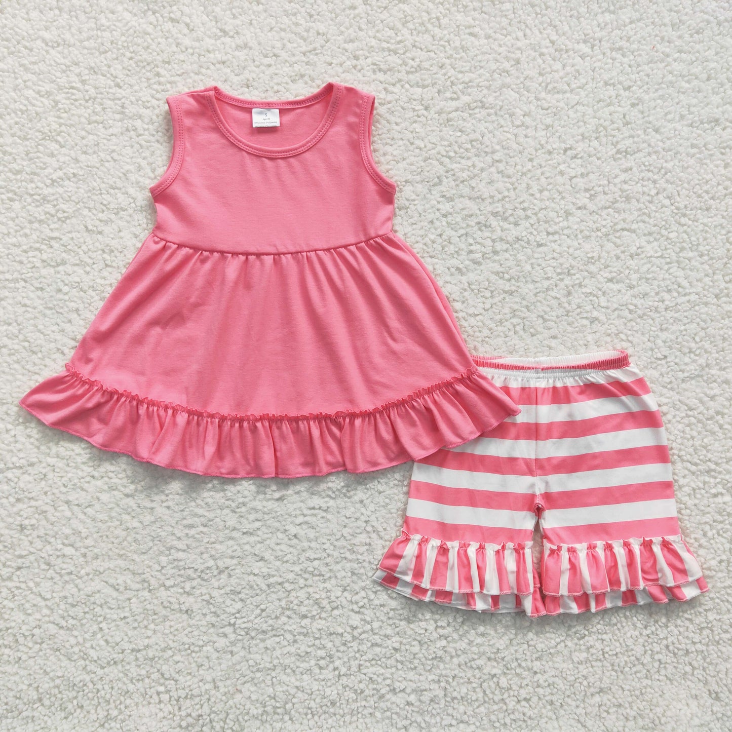 promotion C10-16 pink solid color ruffles white stripe girl short sleeve shorts outfits 20230315 RTS