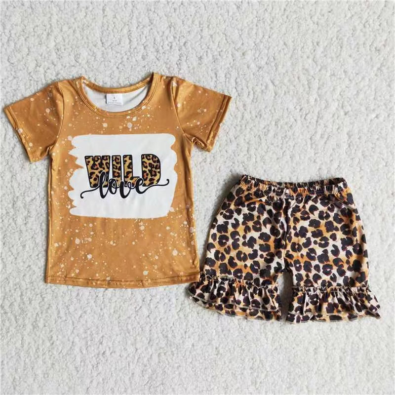 promotion C12-2 Love wild yellow bleaching top leopard ruffles short pants set 20230308 RTS