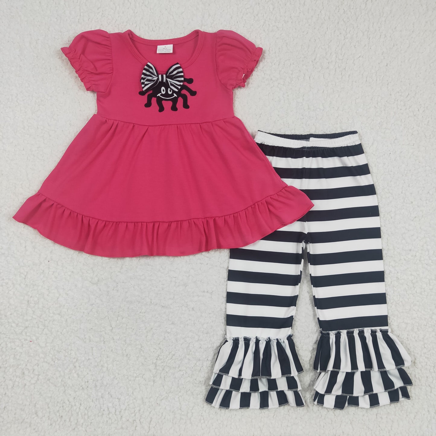 promotion C2-8-1 Pink lantern sleeve tunic white black bow stripe short sleeve bell bottom pants outfit C2-8-1