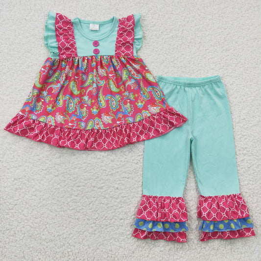 C1-9 spring pink ruffle clothes Paisley short sleeve girl outfit 20230317 RTS