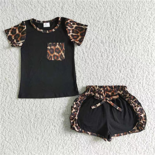 C4-12 RTS Black summer girl pocket leopard short sleeve shorts set  20230411