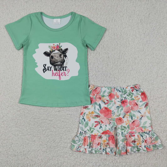 PROMOTION C4-16 Heifer cow green top floral ruffles short pants set 20230321 RTS