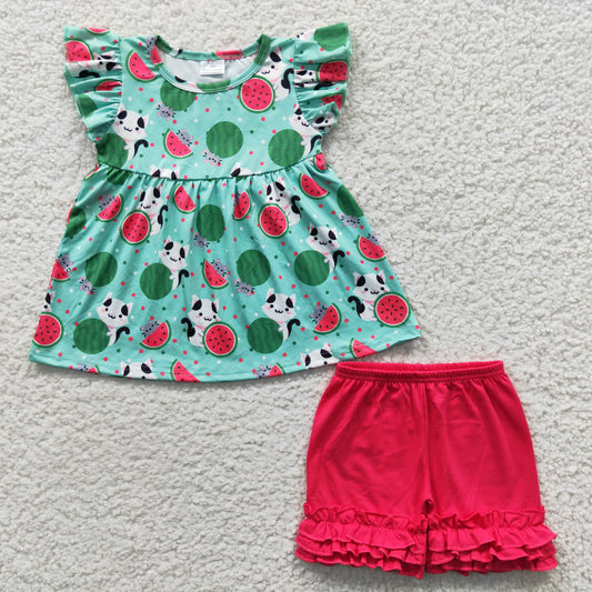 20230403 RTS Watermelon green puffy red ruffles girl short sleeve shorts outfits C9-5