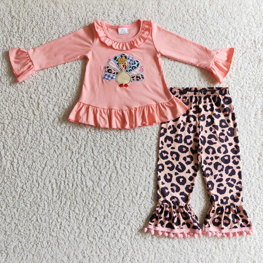 RTS embroidered pink turkey long sleeve leopard pants girl outfit thanksgiving 0923