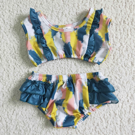 colorful green ruffles pink yellow blue ruffles white girls swimwear outfits 0414