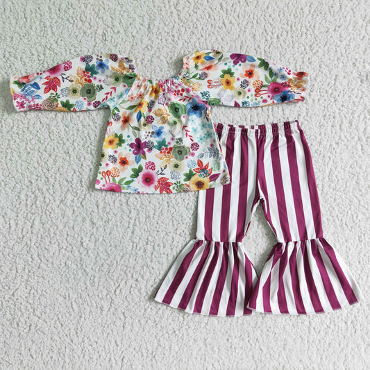 GLP0013 RTS new 0614 off shoulder sleeve purple white stripe bell pants girl outfit