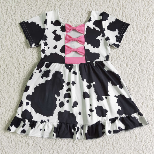 RTS pink bows black ruffles white cow print girls short sleeves dress 0614