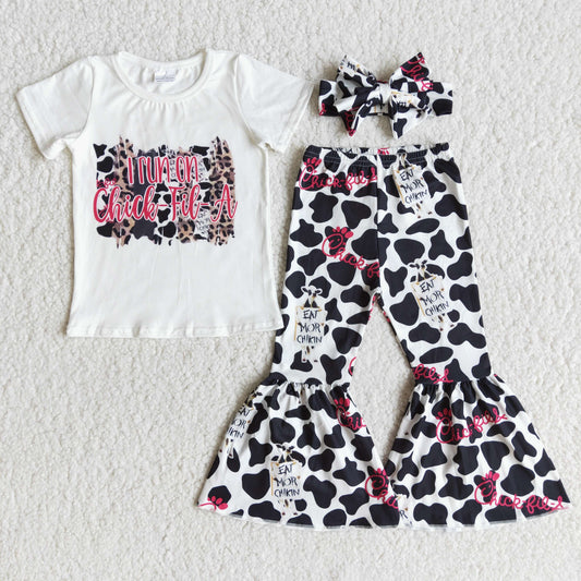 promotion  E7-2 RTS i run chick letters cow print white girl short sleeve bell bottom pant bow (choose headband blow )3pcs outfit